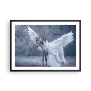 Poster in cornice nera - Una donna su un cavallo bianco con le ali in una foresta magica - 70x50cm - Momento ispirato - Decorazione murale moderna per soggiorno e camera da letto ARTTOR