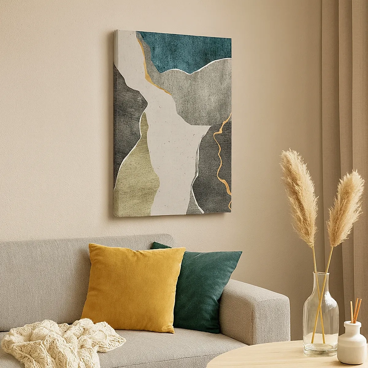 Quadro su tela - Stampe su Tela - Forme geometriche nei toni del grigio, verde e oro - 50x70cm - Composizione mosaico con filo d'oro - Decorazione murale moderna per soggiorno e camera da letto ARTTOR
