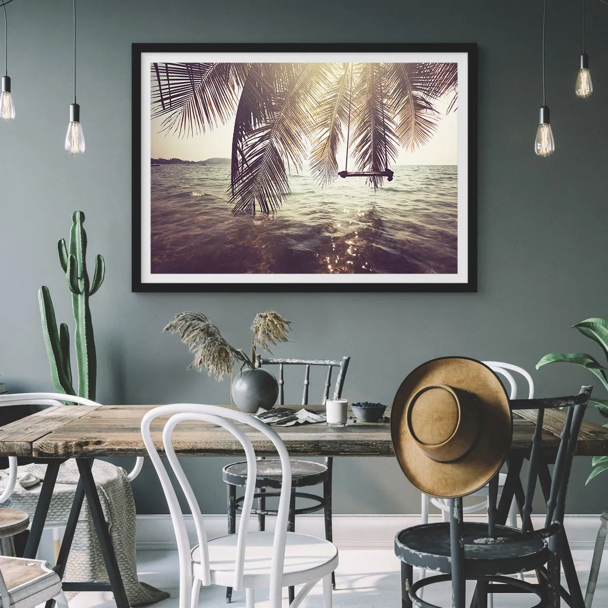 Poster in cornice nera - Palma con altalena sull'acqua alla luce del sole - 70x50cm - Si può dondolare tra le nuvole a volontà - Decorazione murale moderna per soggiorno e camera da letto ARTTOR