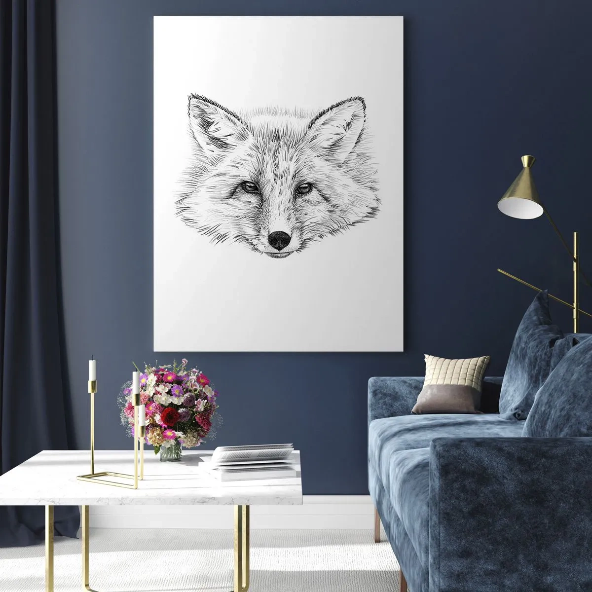 Quadro su vetro - Disegno in bianco e nero di una testa di volpe su sfondo bianco - 80x120cm - Questi occhi possono mentire? - Decorazione murale moderna per soggiorno e camera da letto ARTTOR