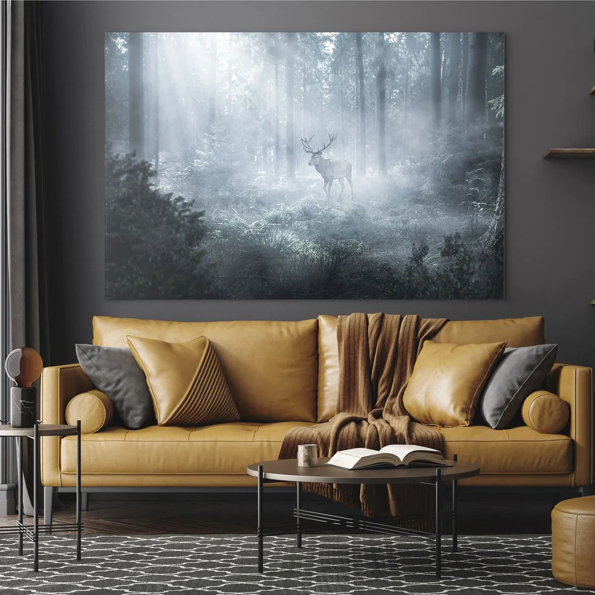 Quadro su vetro - Un cervo in una foresta nebbiosa illuminata dai raggi del sole mattutino - 100x70cm - Passeggiata mattutina sulle sue terre - Decorazione murale moderna per soggiorno e camera da letto ARTTOR