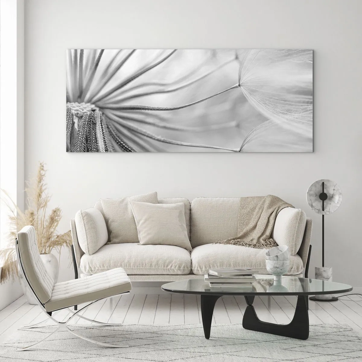 Quadro su vetro - Delicati denti di leone nei toni del bianco e del nero - 160x50cm - Denti di leone, aquiloni - Decorazione murale moderna per soggiorno e camera da letto ARTTOR