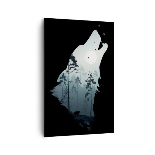 Quadro su tela - Stampe su Tela - Silhouette di un lupo con una foresta e la luna sullo sfondo - 80x120cm - Voce di una notte boschiva - Decorazione murale moderna per soggiorno e camera da letto ARTTOR