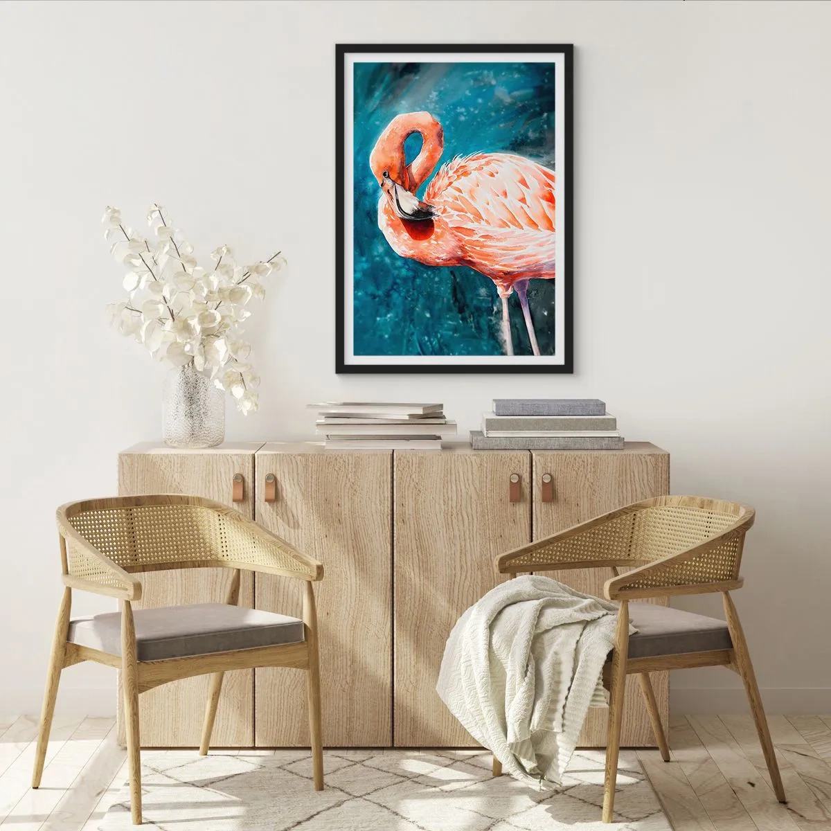Poster in cornice nera - Un fenicottero acquerello su uno sfondo di acqua turchese - 50x70cm - Naturalmente decorativo  - Decorazione murale moderna per soggiorno e camera da letto ARTTOR