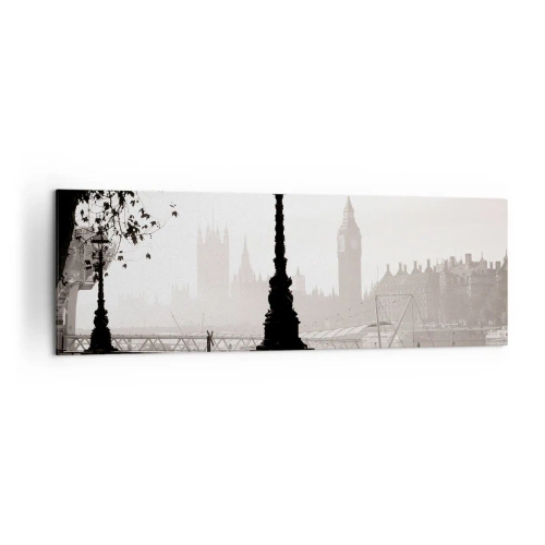 Quadro su tela - Stampe su Tela - Una vista monocromatica del Big Ben e del Tamigi. - 160x50cm - Un mattino a Londra - Decorazione murale moderna per soggiorno e camera da letto ARTTOR