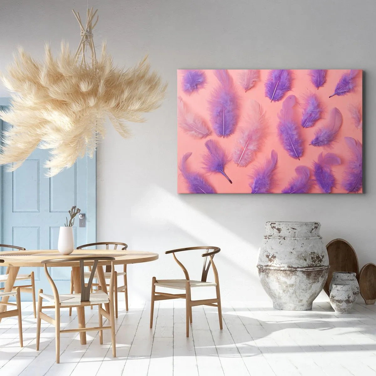 Quadro su tela - Stampe su Tela - Piume viola e rosa su uno sfondo pastello - 70x50cm - L'uccello lilla del desiderio - Decorazione murale moderna per soggiorno e camera da letto ARTTOR