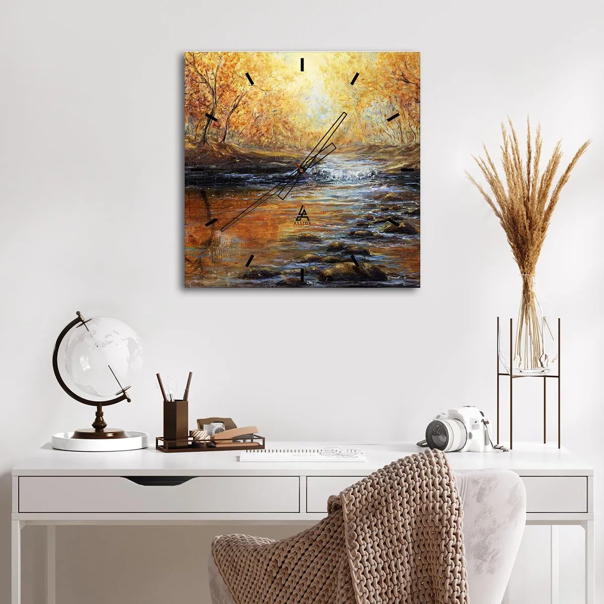 Orologio da parete - Orologio in Vetro - Paesaggio autunnale con un fiume tra gli alberi - 30x30cm - Ruscello d'oro - Decorazione murale moderna per soggiorno e camera da letto ARTTOR