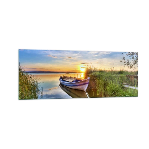 Quadro su vetro - Una barca in una baia tranquilla al tramonto - 140x50cm - L'insenatura dei sogni realizzati - Decorazione murale moderna per soggiorno e camera da letto ARTTOR