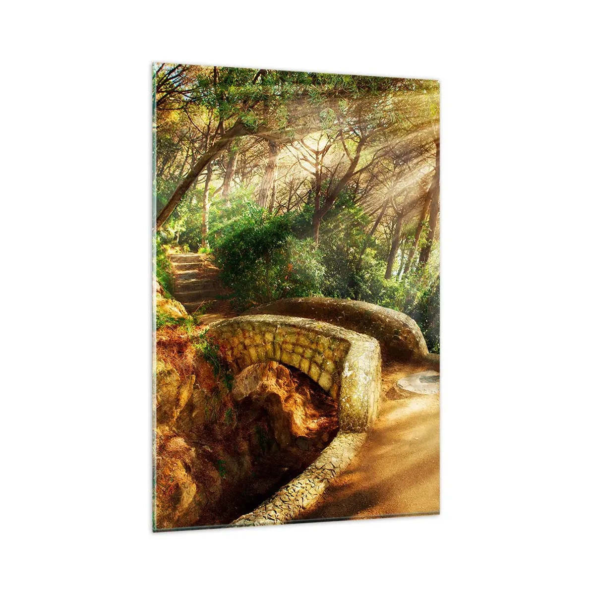 Quadro su vetro - Paesaggio forestale con raggi di sole e un ponte di pietra - 80x120cm - Dal ponte direttamente nel bosco delle fiabe - Decorazione murale moderna per soggiorno e camera da letto ARTTOR