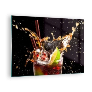 Quadro su vetro - Un bicchiere di bevanda con lime e schizzi su uno sfondo nero - 70x50cm - Gioia ed energia dei colori - Decorazione murale moderna per soggiorno e camera da letto ARTTOR
