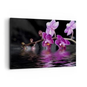 Quadro su tela - Stampe su Tela - Orchidee viola su acqua calma su sfondo nero - 120x80cm - La bellezza riflessa dai gigli - Decorazione murale moderna per soggiorno e camera da letto ARTTOR