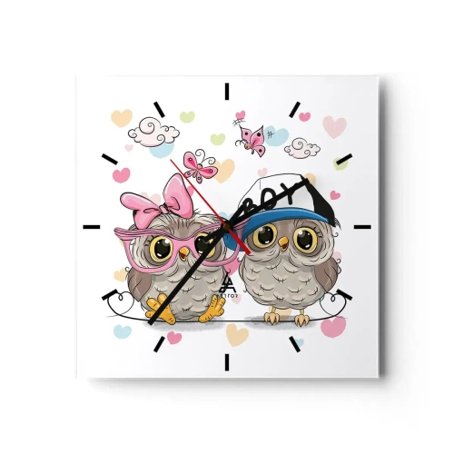 Orologio da parete - Orologio in Vetro - Due adorabili gufi circondati da cuori - 30x30cm - Amiamoci! - Decorazione murale moderna per soggiorno e camera da letto ARTTOR
