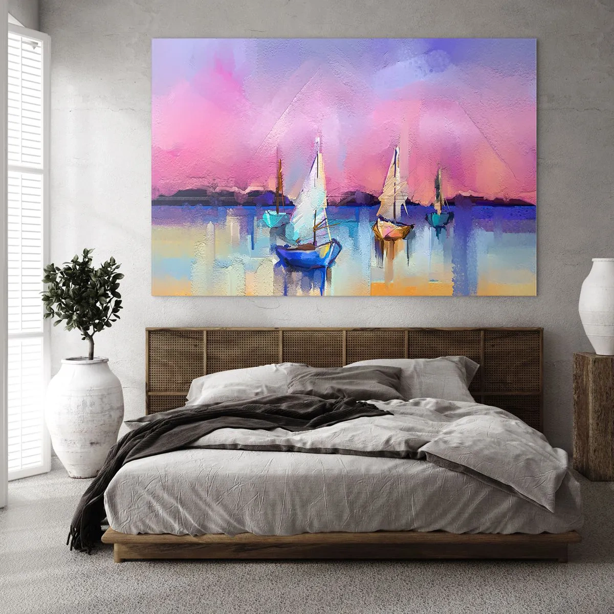 Quadro su vetro - Marina astratta con barche a vela al tramonto - 100x70cm - Direzione: mare aperto - Decorazione murale moderna per soggiorno e camera da letto ARTTOR