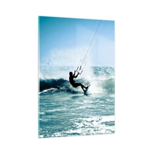 Quadro su vetro - Kitesurfer sulle onde dell'oceano in una giornata di sole - 50x70cm - Fatti sollevare - Decorazione murale moderna per soggiorno e camera da letto ARTTOR