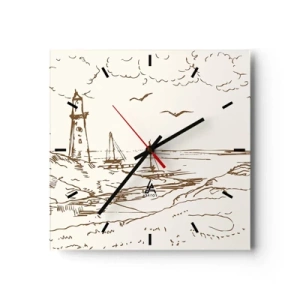 Orologio da parete - Orologio in Vetro - Schizzo di un faro che domina il mare - 30x30cm - Schizzo dei ricordi d'estate - Decorazione murale moderna per soggiorno e camera da letto ARTTOR