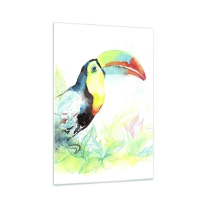 Quadro su vetro - Illustrazione ad acquerello di un tucano su uno sfondo tropicale - 70x100cm - Colorato come l'America del Sud - Decorazione murale moderna per soggiorno e camera da letto ARTTOR