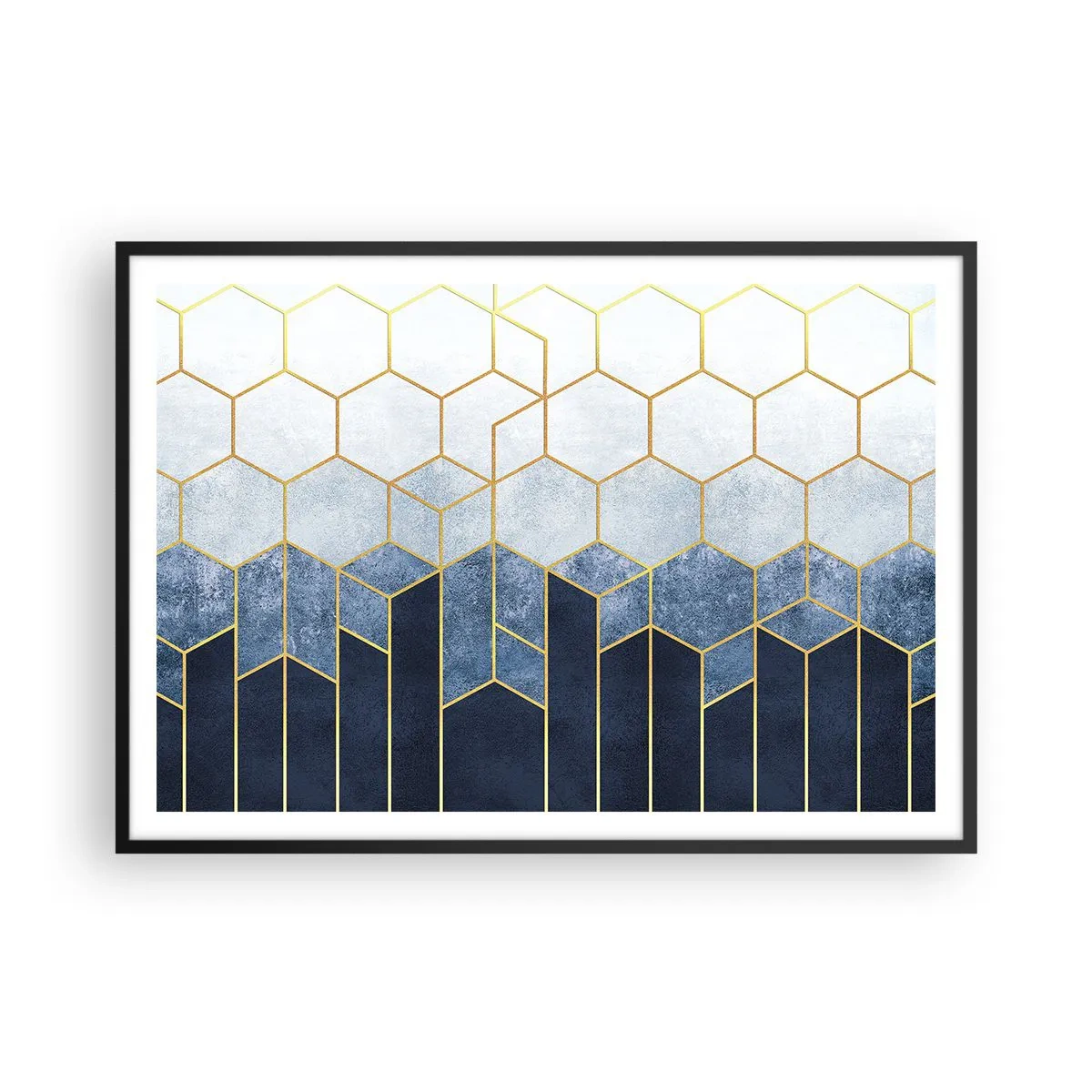 Poster in cornice nera - Motivo geometrico nei toni dell'oro e del blu navy - 100x70cm - Composizione a ritmo sincopato - Decorazione murale moderna per soggiorno e camera da letto ARTTOR