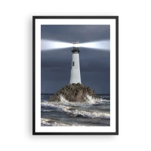Poster in cornice nera - Un faro su una roccia in mezzo alle onde agitate - 50x70cm - Qui...qui... qui! - Decorazione murale moderna per soggiorno e camera da letto ARTTOR