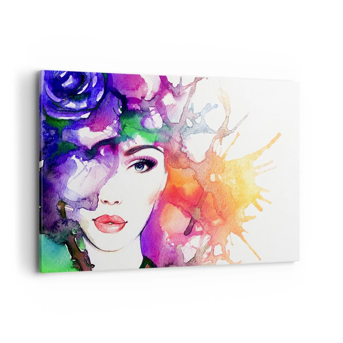 Quadro su tela - Stampe su Tela - Ritratto di una donna in colori acquerellati con macchie astratte - 120x80cm - Con la testa tra le nuvole - Decorazione murale moderna per soggiorno e camera da letto ARTTOR