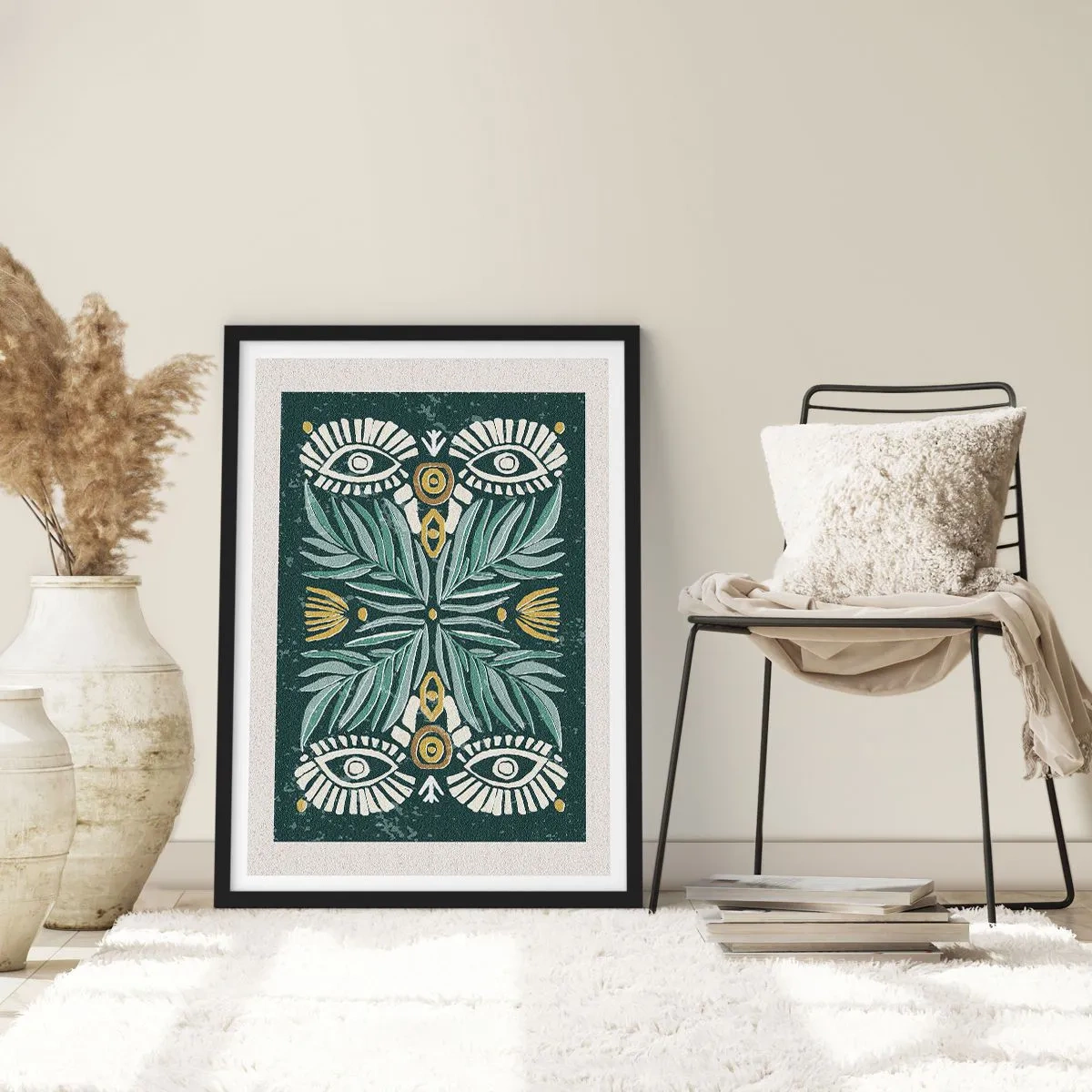 Poster in cornice nera - Motivo simmetrico con foglie e occhi su sfondo scuro - 50x70cm - Geometrie di arte popolare - Decorazione murale moderna per soggiorno e camera da letto ARTTOR