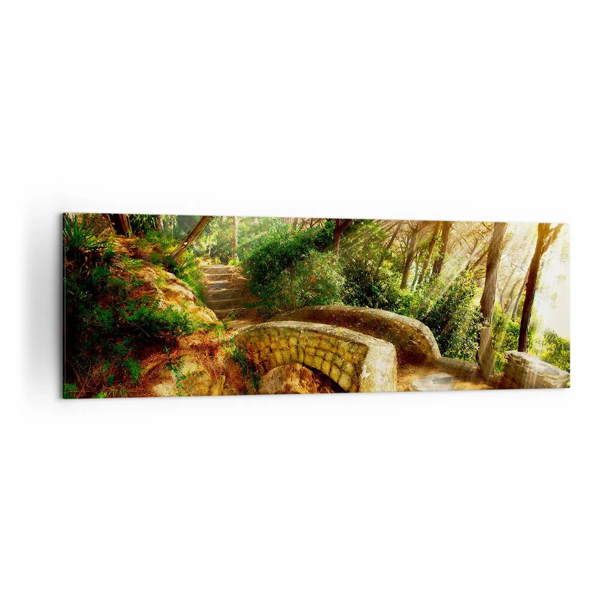 Quadro su tela - Stampe su Tela - Paesaggio forestale con raggi di sole e un ponte di pietra - 160x50cm - Dal ponte direttamente nel bosco delle fiabe - Decorazione murale moderna per soggiorno e camera da letto ARTTOR