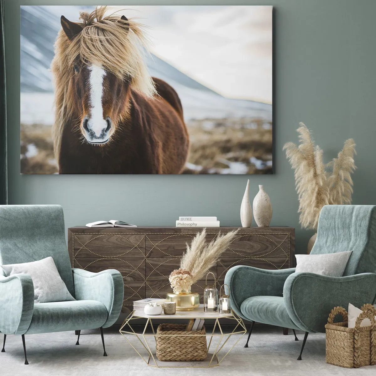 Quadro su tela - Stampe su Tela - Cavallo islandese contro un paesaggio montano - 70x50cm - Senti la libertà? - Decorazione murale moderna per soggiorno e camera da letto ARTTOR