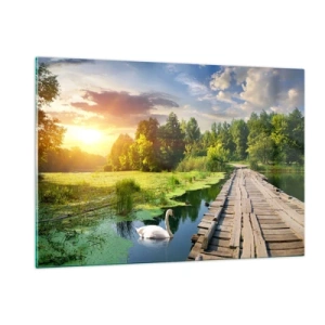 Quadro su vetro - Molo di legno su un lago con un cigno al tramonto - 120x80cm - Estate, estate ovunque - Decorazione murale moderna per soggiorno e camera da letto ARTTOR
