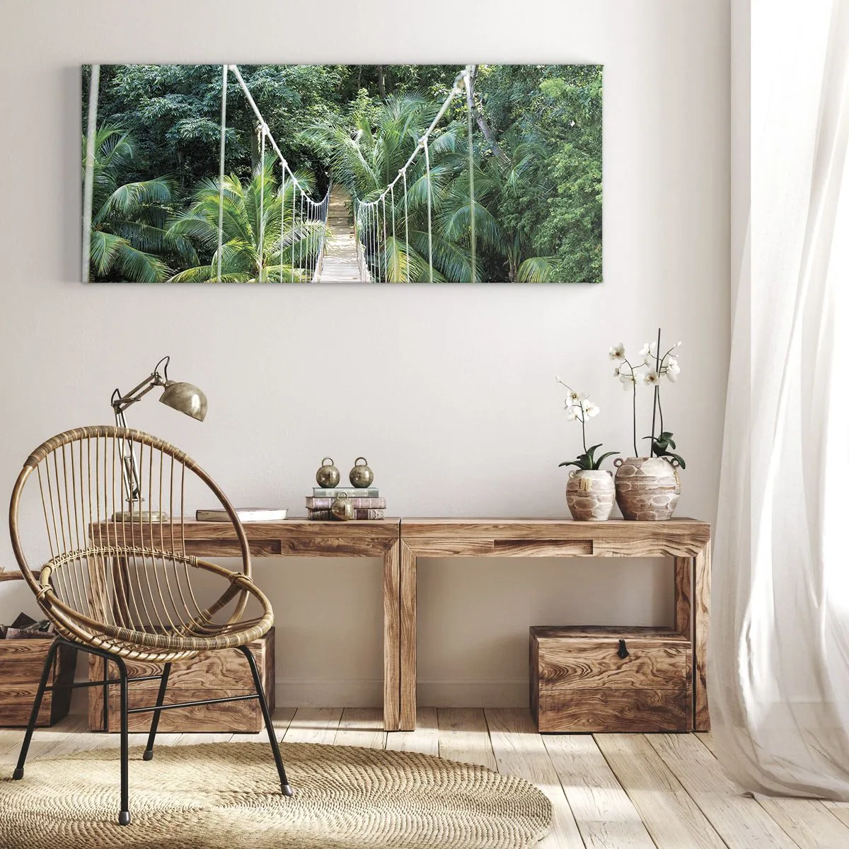 Quadro su tela - Stampe su Tela - Un ponte sospeso in una giungla tropicale piena di verde - 140x50cm - Welcome to the jungle! - Decorazione murale moderna per soggiorno e camera da letto ARTTOR