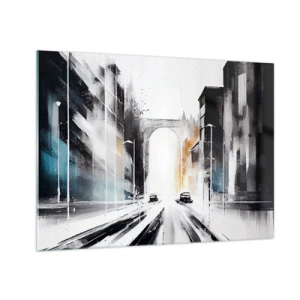 Quadro su vetro - Una strada cittadina dinamica con auto e un arco sullo sfondo, in stile pittorico. - 70x50cm - Studio di città: architettura e movimento - Decorazione murale moderna per soggiorno e camera da letto ARTTOR