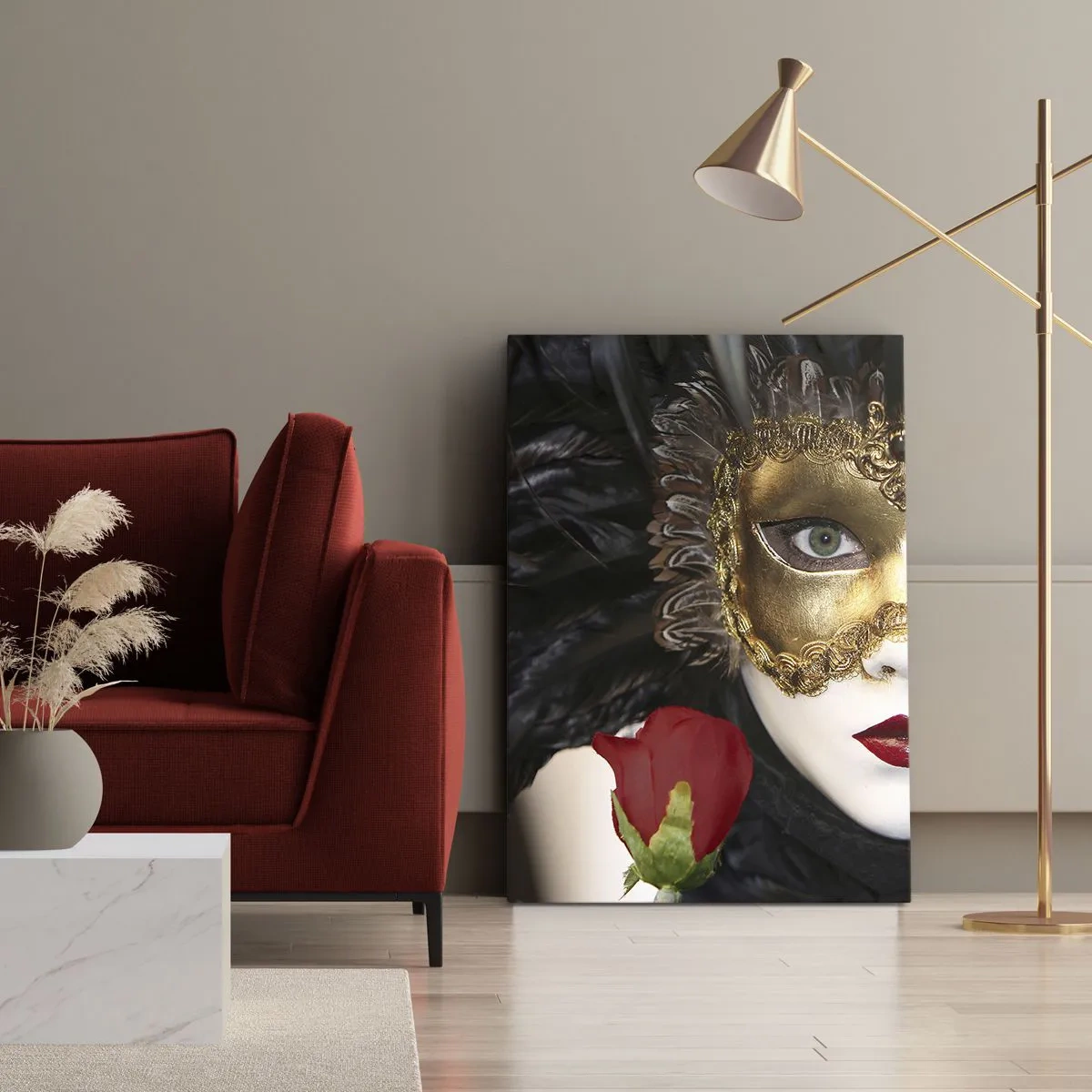 Quadro su tela - Stampe su Tela - Maschera veneziana dorata con piume e rosa rossa, motivo misterioso. - 80x120cm - Perché la vita è un grande ballo - Decorazione murale moderna per soggiorno e camera da letto ARTTOR