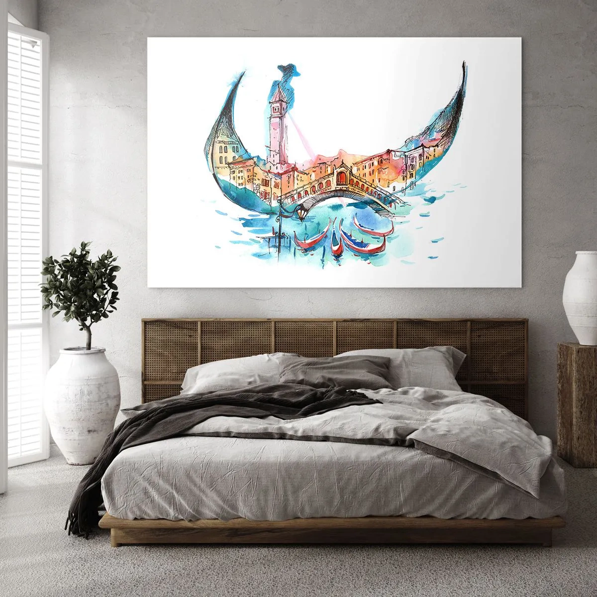 Quadro su vetro - Panorama acquerello di Venezia a forma di maschera - 100x70cm - Navighiamo dentro la città - Decorazione murale moderna per soggiorno e camera da letto ARTTOR
