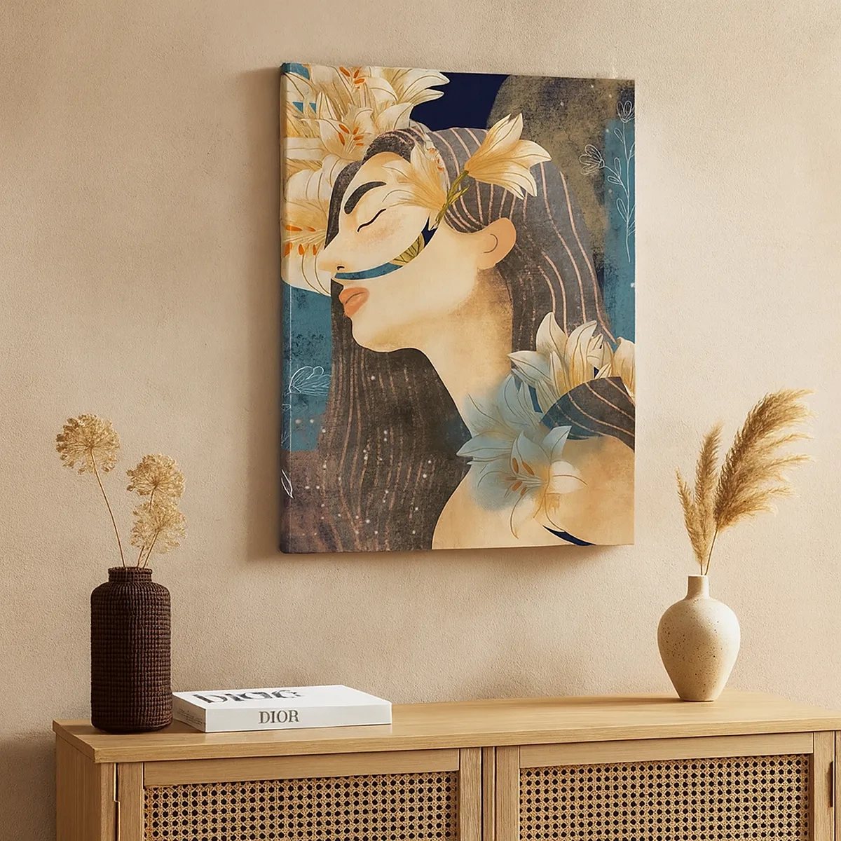 Quadro su tela - Stampe su Tela - Ritratto di una donna con fiori in stile artistico su sfondo scuro - 50x70cm - La favola della principessa con i gigli - Decorazione murale moderna per soggiorno e camera da letto ARTTOR