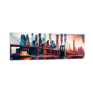 Quadro su vetro - Panorama di New York City con ponte e riflesso nell'acqua - 160x50cm - Una New York spettacolare - Decorazione murale moderna per soggiorno e camera da letto ARTTOR