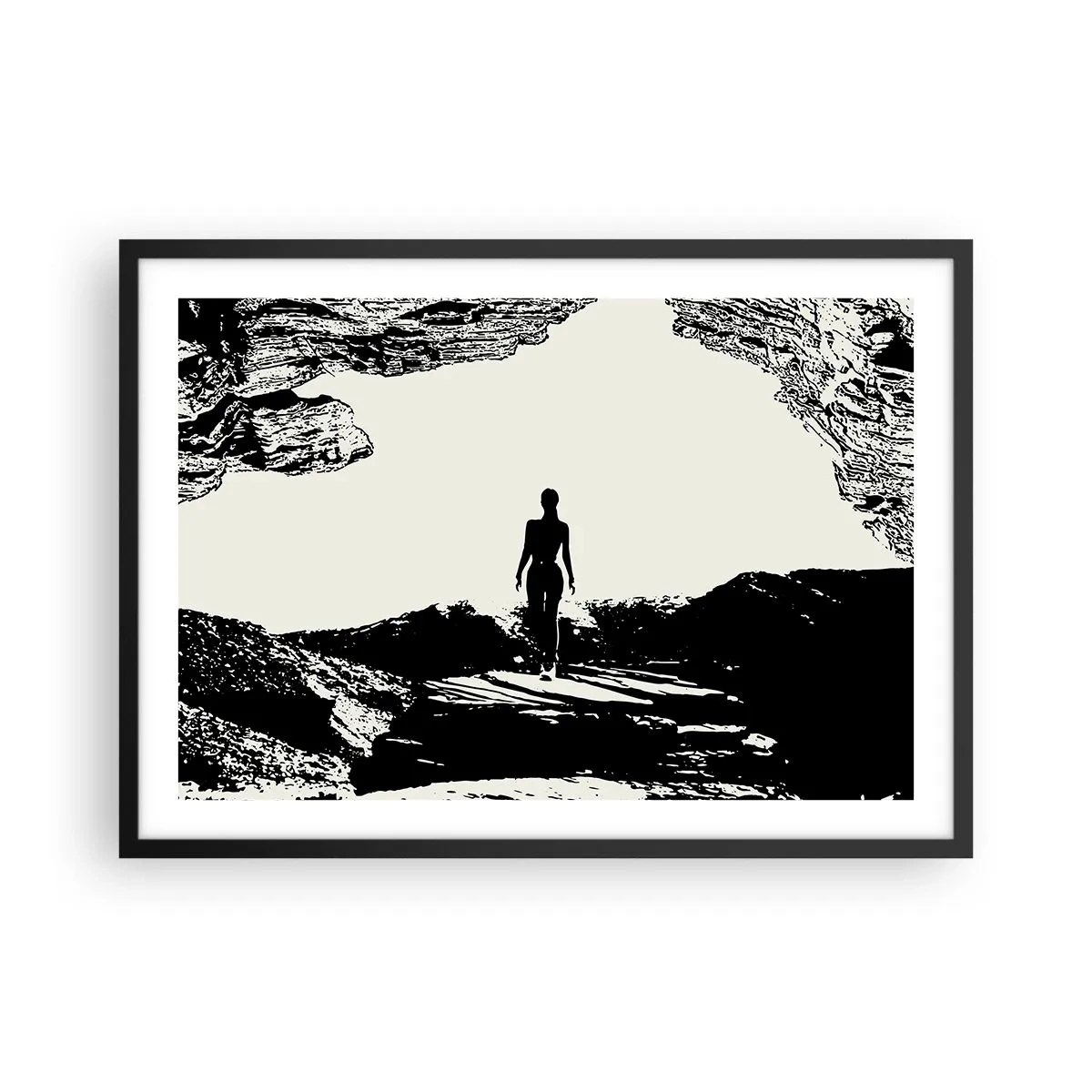 Poster in cornice nera - Silhouette in bianco e nero di una donna in una grotta contro il cielo - 70x50cm - Un nuovo sguardo - Decorazione murale moderna per soggiorno e camera da letto ARTTOR