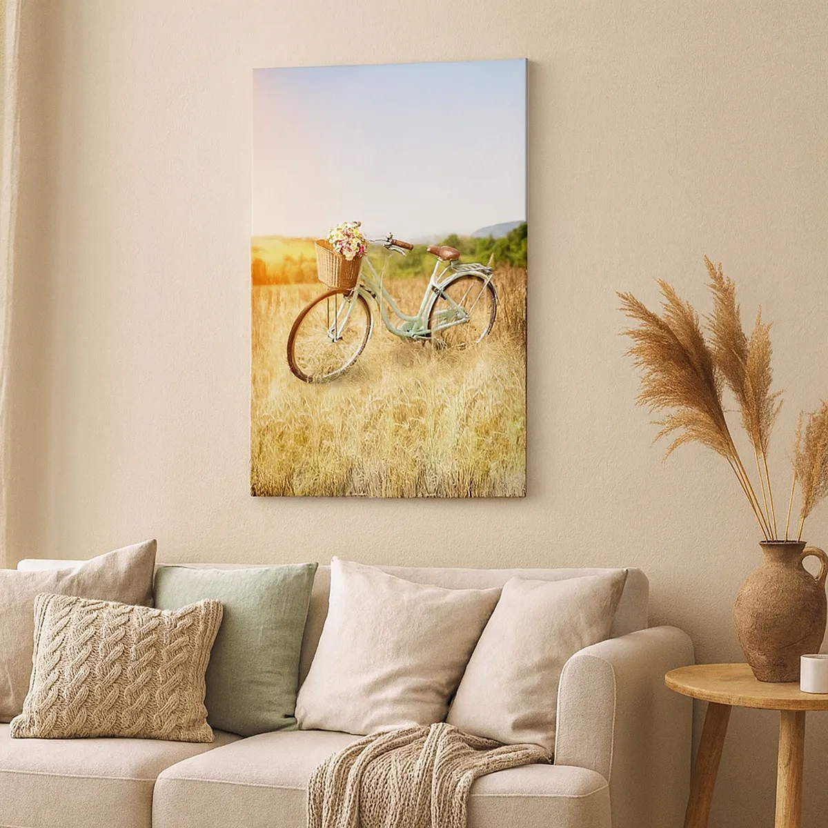 Quadro su tela - Stampe su Tela - Una bicicletta retrò con un cesto pieno di fiori sullo sfondo di un prato. - 50x70cm - Resto qui un attimo - Decorazione murale moderna per soggiorno e camera da letto ARTTOR