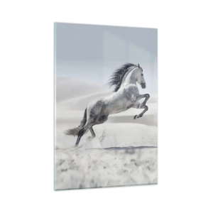 Quadro su vetro - Un cavallo bianco al galoppo sullo sfondo delle dune del deserto - 80x120cm - Il principe arabo - Decorazione murale moderna per soggiorno e camera da letto ARTTOR