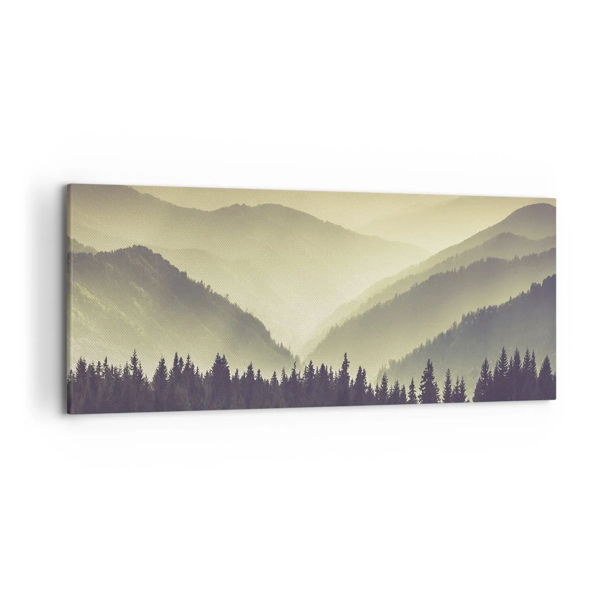 Quadro su tela - Stampe su Tela - Pittoresche catene montuose avvolte nella nebbia in una luce calda - 120x50cm - Dopo sette montagne… - Decorazione murale moderna per soggiorno e camera da letto ARTTOR