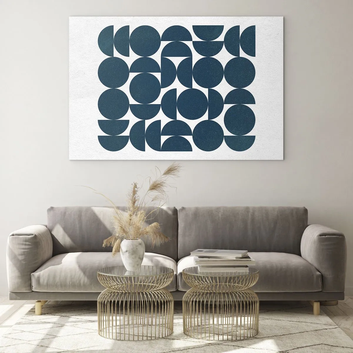 Quadro su vetro - Una composizione moderna fatta di cerchi e semicerchi blu navy - 100x70cm - Cerchi e semicerchi - Decorazione murale moderna per soggiorno e camera da letto ARTTOR