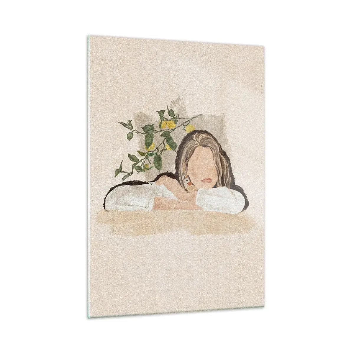 Quadro su vetro - Una donna appoggiata a un tavolo tra i rami di un albero di limone, il suo viso è senza tratti somatici. - 50x70cm - Bellezza del sud - Decorazione murale moderna per soggiorno e camera da letto ARTTOR