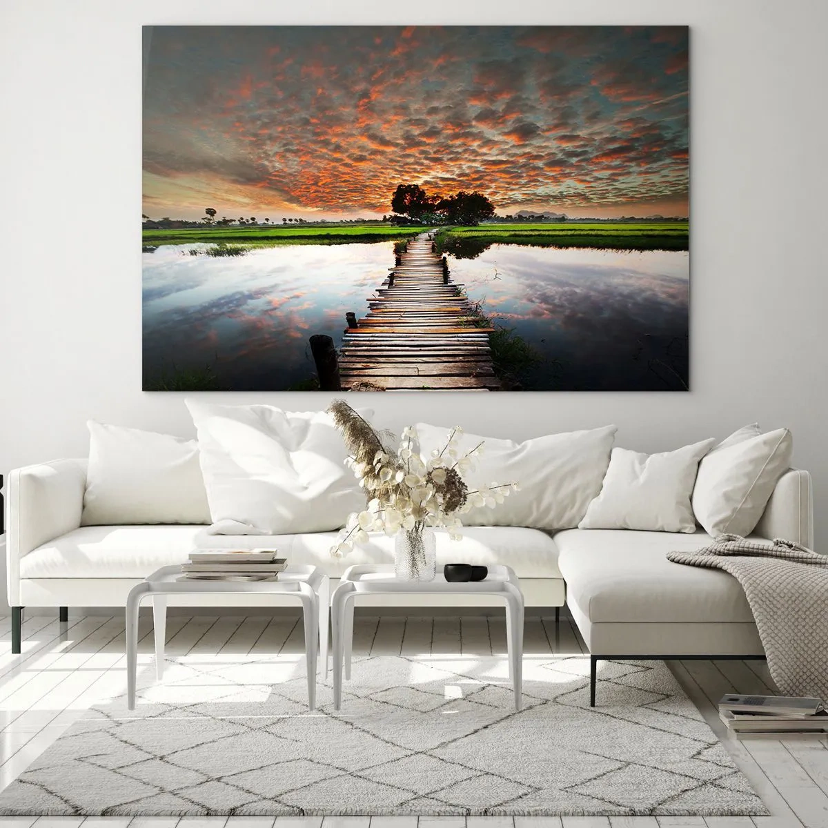Quadro su vetro - Ponte di legno sul fiume al tramonto - 70x50cm - Allarga le braccia, respira  - Decorazione murale moderna per soggiorno e camera da letto ARTTOR