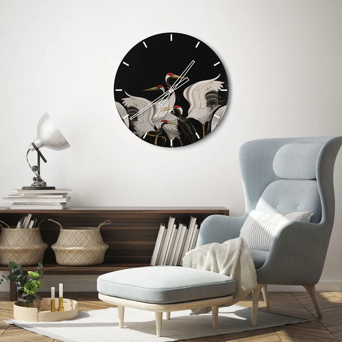 Orologio da parete - Orologio in Vetro - Un gruppo di gru su uno sfondo nero in un'illustrazione stilizzata - 30x30cm - Cose da uccelli - Decorazione murale moderna per soggiorno, cucina e camera da letto ARTTOR