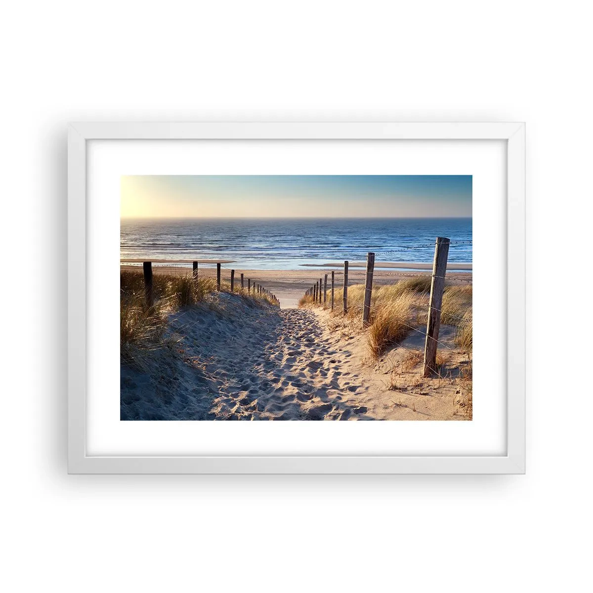 Poster in cornice bianca - Rumore del mare, uccelli che cantano, spiaggia selvatica tra i cespugli... - 40x30 cm
