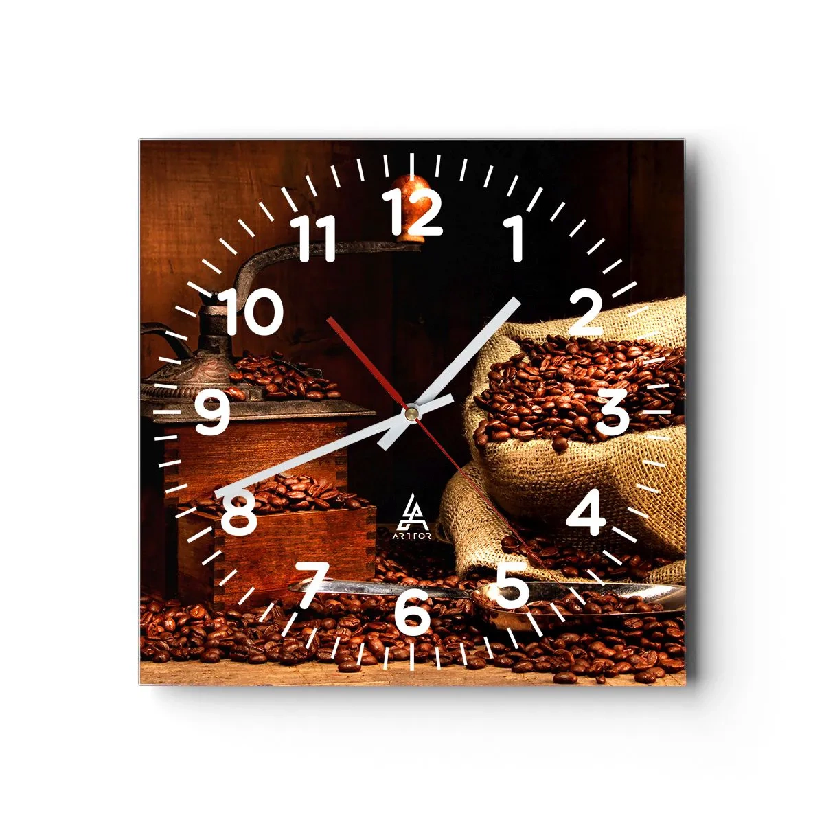 Orologio da parete - Orologio in Vetro - Natura morta con chicchi di caffè e macinino - 30x30 cm