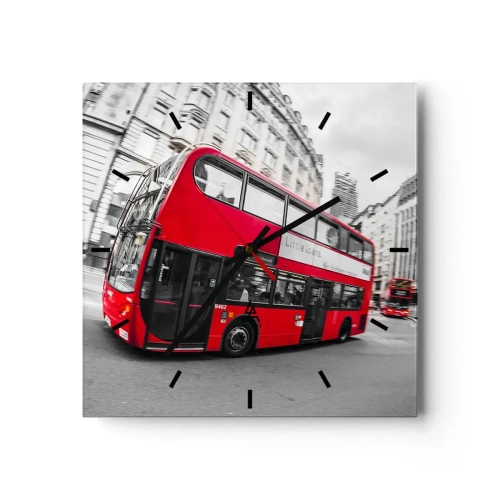 Orologio da parete - Orologio in Vetro - Un autobus rosso di Londra contro una strada bianca e nera - 30x30cm - Londra tradizionalmente: by bus - Decorazione murale moderna per soggiorno e camera da letto ARTTOR