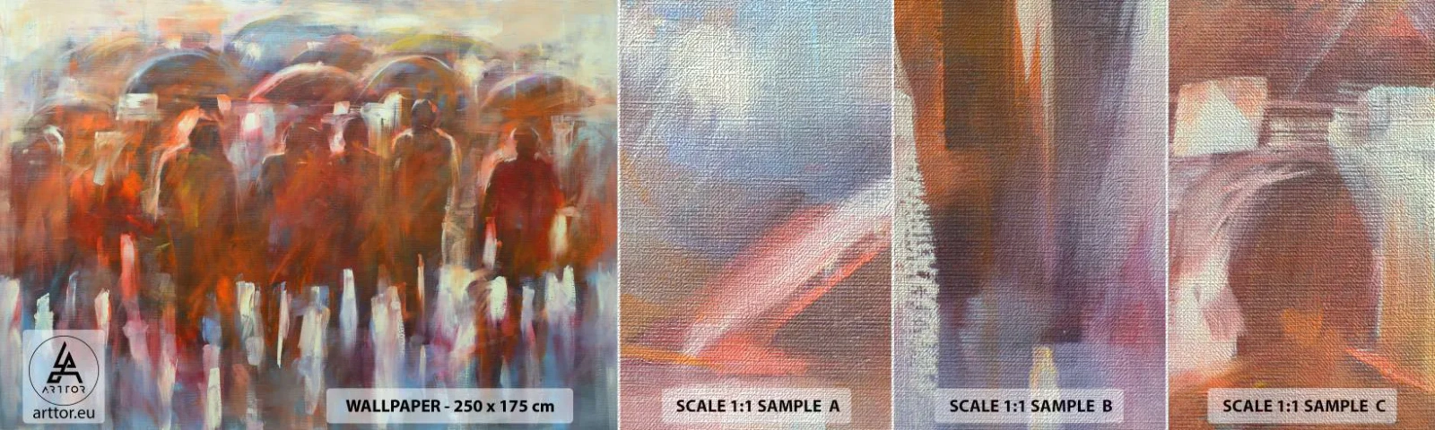 Campione di Fotomurale Premium Canvas - Uguali nella pioggia e nella nebbia - Persone, Città affollata, Pezzo - 100x30 cm