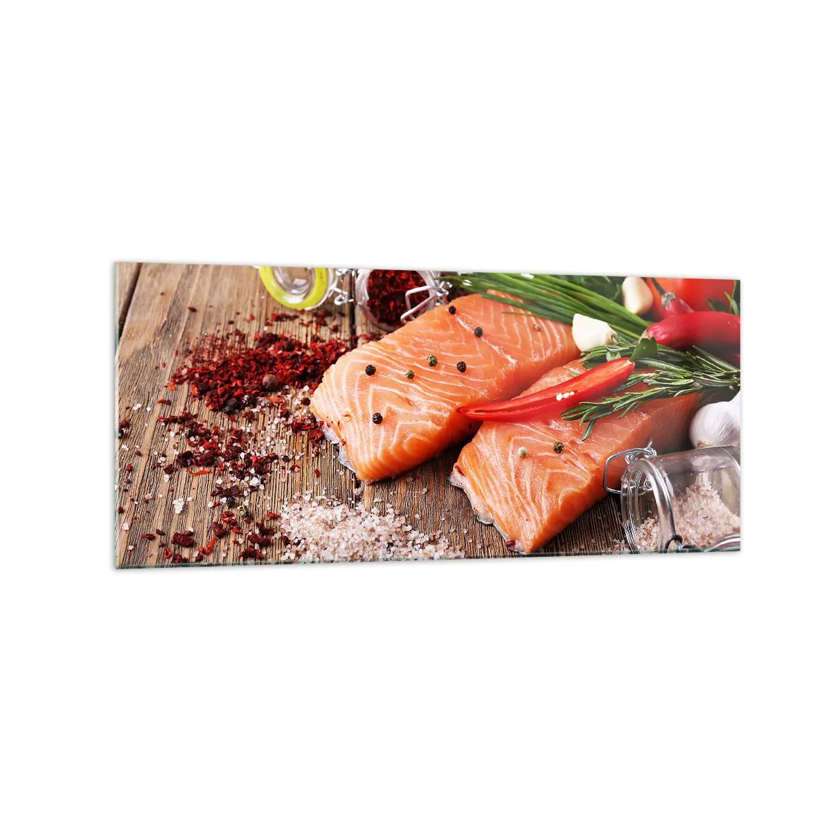 Quadro su vetro - Filetti di salmone con spezie su fondo di legno - 120x50cm - Avventura norvegese in cucina - Decorazione murale moderna per soggiorno e camera da letto ARTTOR