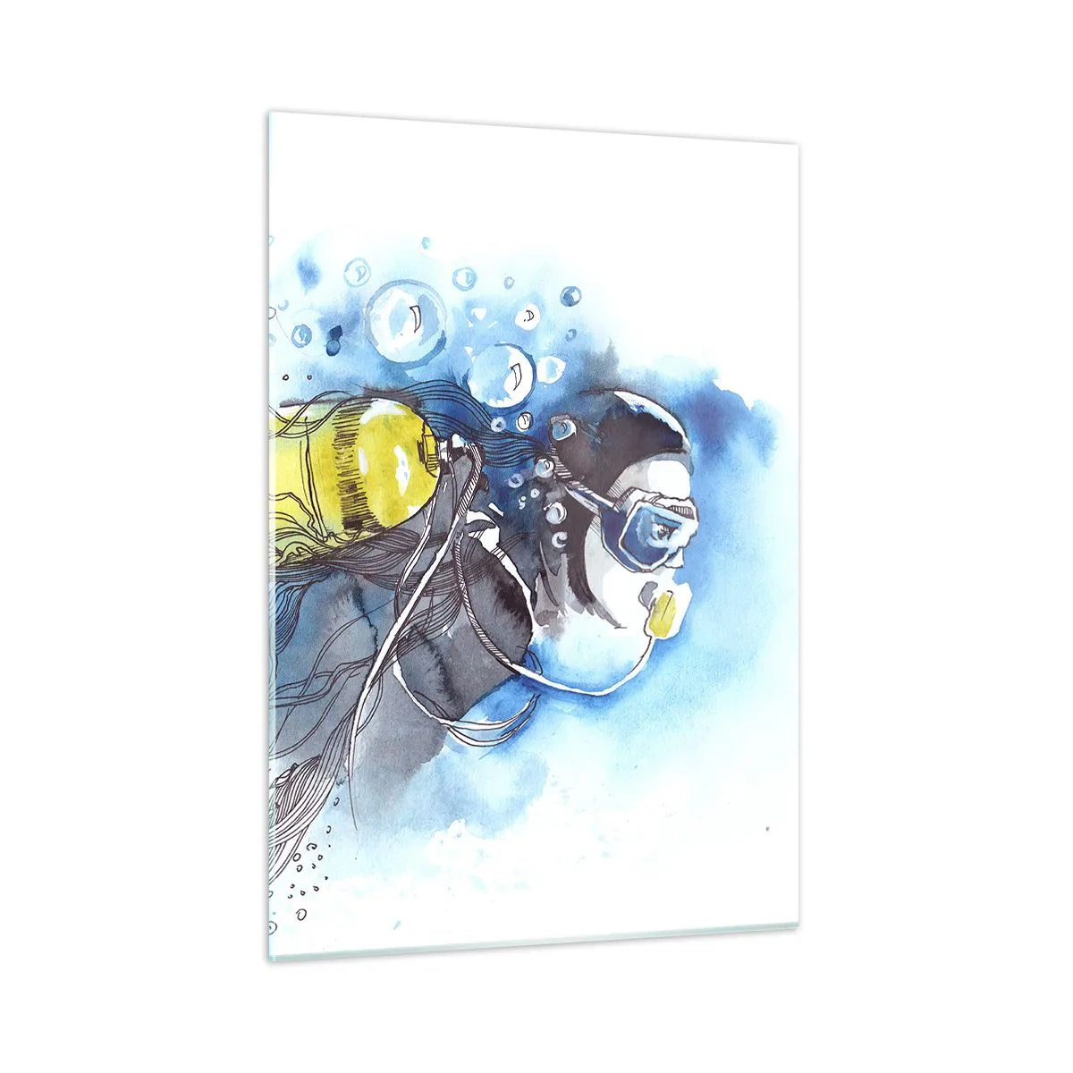Quadro su vetro - Subacqueo sott'acqua con pesci in acquerello artistico - 50x70cm - Il grande blu - Decorazione murale moderna per soggiorno e camera da letto ARTTOR