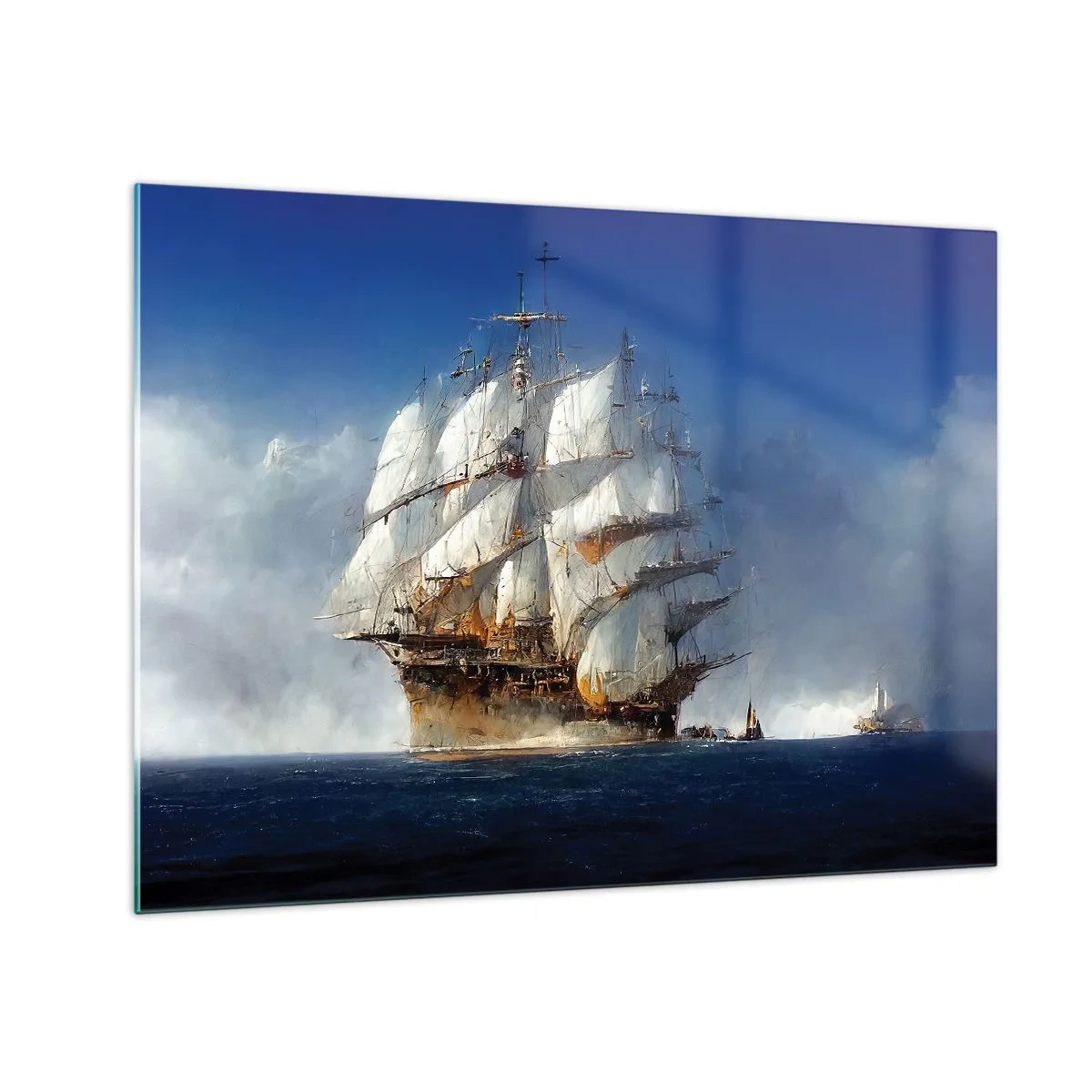 Quadro su vetro - Una nave a vela in alto mare in mezzo alla nebbia marina - 70x50cm - The great glory! - Decorazione murale moderna per soggiorno e camera da letto ARTTOR