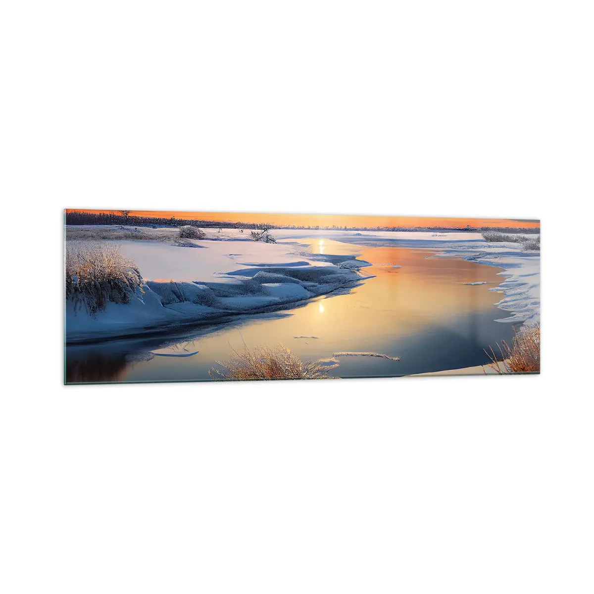 Quadro su vetro - Paesaggio invernale con un fiume al tramonto - 160x50cm - Tramonto invernale - Decorazione murale moderna per soggiorno e camera da letto ARTTOR