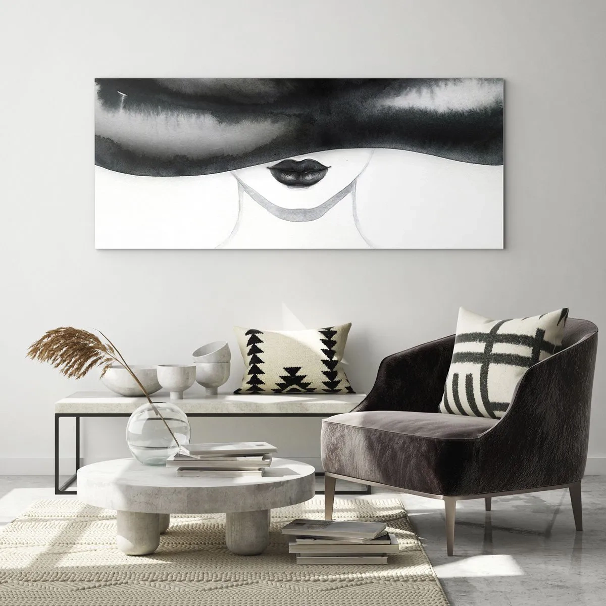 Quadro su vetro - Un delicato ritratto di una donna con il volto coperto in stile monocromo. - 120x50cm - Il segreto dei sensi - Decorazione murale moderna per soggiorno e camera da letto ARTTOR